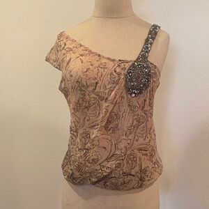Tracy Reese Floral Y2K 100% Silk One-Shoulder Blouse with Embellished Strap